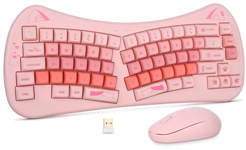 Rii Wireless Keyboard and Mouse Combo, Cute Cat Keyboard and Mouse Set, with Ergonomic Design, 2.4G Cordless Computer Mice with USB Receiver for Laptop/PC/MAC-UK Layout (Pink)
