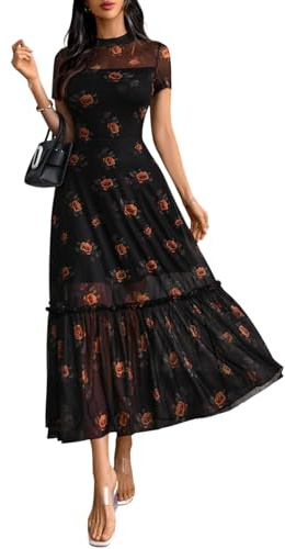 GothDark Women's Summer Maxi Dress Floral Mesh Party Wedding Guest Dress