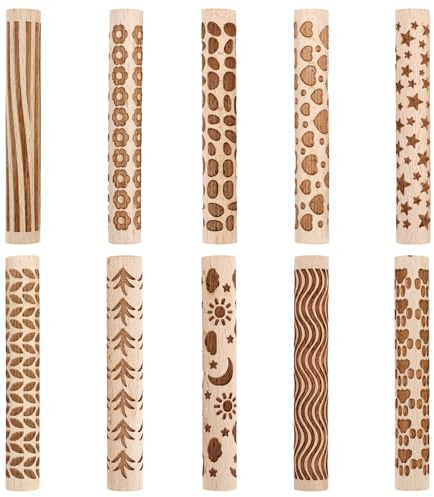 10pcs Wooden Clay Texture Rollers Set, Textured Rolling Pins Non-Stick Pottery Texture Rollers DIY Handmade Art Supplies for Ceramics Stamp Clay Pottery (10 Styles)