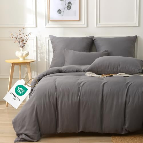 HOMHOMHA Musselin Bettwäsche 155x220 – atmungsaktive Mikrofaser in Musselin-Optik- ÖeKO-TEX zertifiziertes-Set mit 1 Kissenbezug 80x80（Dunkelgrau）