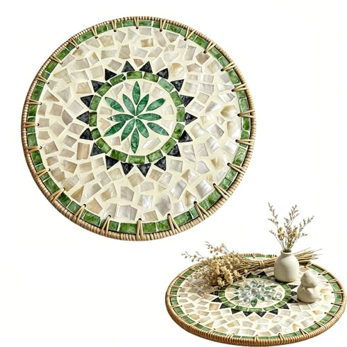 Xusxes Rundes Rattantablett 29 cm, Gewebtes Serviertablett aus Rattan | Dekotablett Boho, Rundes Tablett Mosaik mit Muscheldekor für Tischdekoration, Aufbewahrung und Frühstück