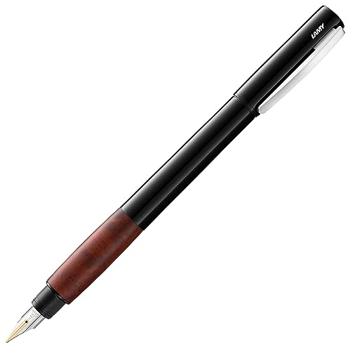LAMY accent Füllhalter 098 – Füller im schwarzen, hochglänzenden Lack-Finish mit austauschbarem Griffstück aus Bruyère-Holz und 14 Kt. Goldfeder, partiell platiniert – Federstärke B