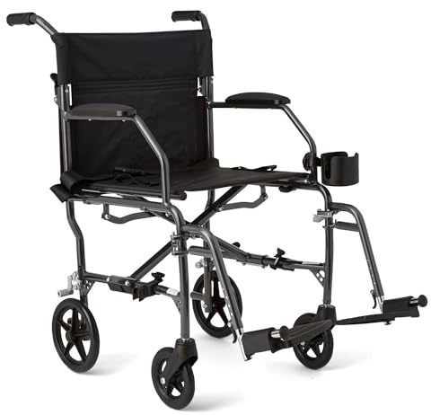 Medline Ultralight Transport Wheelchair, 19 Wide Seat, Foldable Chair with Desk-Length Arms, Metallic Silver Frame - Lightweight, Compact, Portable