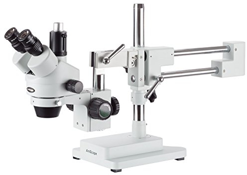 AmScope SM-4TP Professionelles Trinokulares-Stereo-Zoom-Mikroskop mit Gleichzeitiger Fokussteuerung, WH10X-Okularen, 0.7X-4.5X-Zoomobjektiv, Umgebungsbeleuchtung, Doppelarm-Auslegerständer, 7X-45X