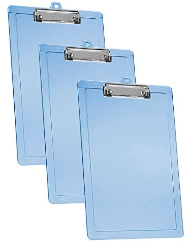 Acrimet Lot de 3 Porte-blocs Format Lettre A4 (34 x 24 cm) avec Pince à Profil Bas et Règles Latérales, Plastique Résistant pour Bureau, École, Maison – Couleur BleuTransparent