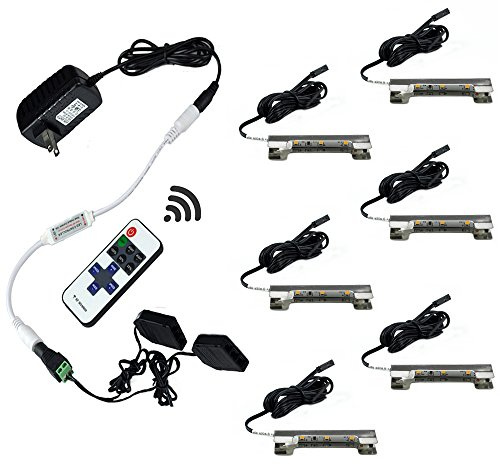 AIBOO LED Under Cabinet Counter Lights Kit for Glass Edge Shelf Back Side Lighting Using Flexible Cable and Clip with RF Remote(6 Lights,Warm White)