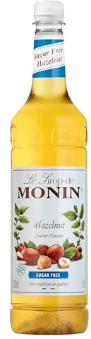 MONIN Premium Hazelnut Sugar Free Syrup 1L for Coffee and Cocktails. Vegan-Friendly, 100% Natural Flavours and Colourings. Sugar-Free Hazelnut Coffee Syrup