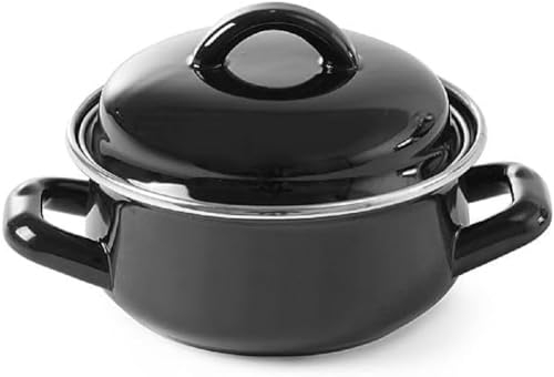 HENDI Cazuela con tapa, olla, para sopas y salsas, para cocinar y servir, sólo apta para cocinas de gas, 0.5L, ø135x(H)105mm, acabado esmaltado negro, reborde de acero inoxidable