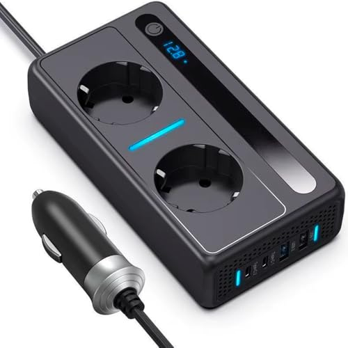 NODELINK Cargador para Coche 6 en 1 12V a 220V 200W - Inversor Multifunción con 2 Enchufes AC, 2 USB‑A y 2 USB‑C PD