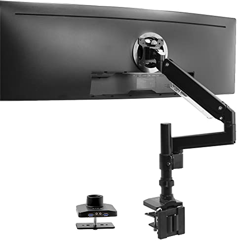VIVO Hochwertiger erweiterter Monitorarm aus Aluminium für ultrabreite Monitore bis zu 124,5 cm und 15 kg, USB-Einzeltischhalterung, pneumatische Höhenverstellung, max. VESA 100 x 100, Schwarz,