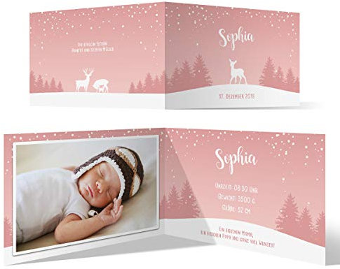 10 x Geburtskarten Babykarten individuell für Junge oder Mädchen - Rehkitz Rosa