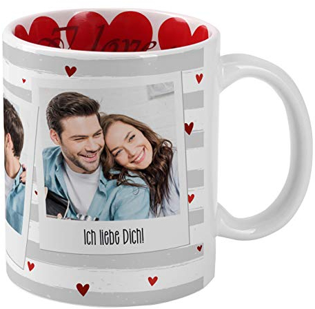 Herz & Heim® Herz-Tasse mit Fotos bedruckt zum Valentinstag - viele Herzen und I Love you im Inneren des Kaffeebechers