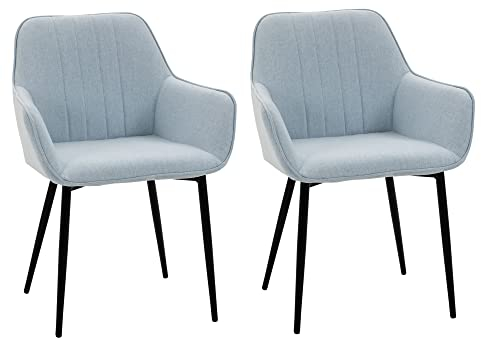 HOMCOM Pack de 2 Sillas de Comedor, Sillas de Cocina Modernas, con Asiento Acolchado y Tapizado, Respaldo Curvo, Reposabrazos, Patas de Metal, para Salón, Azul