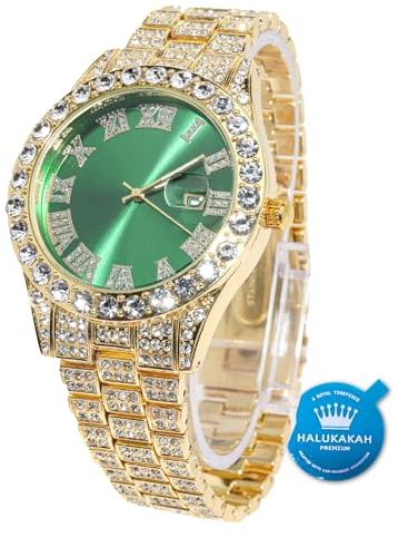 Halukakah Diamant Golduhr, Herren 18K Echt Vergoldet 42MM Breite Grün Wählen Quarz Armband 24cm, mit Geschenkbox