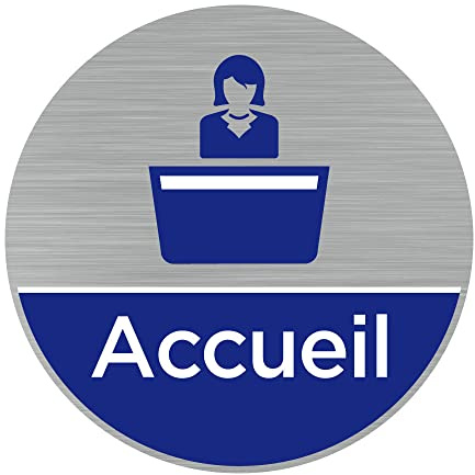 Signalétique.biz France - Plaque de porte Accueil (Q0470) - Diamètre 83 mm - Adhésif aspect aluminium brossé