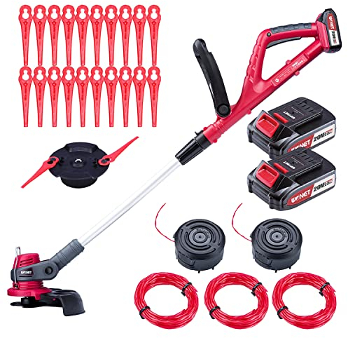 WONET Decespugliatore Tagliabordi a Batteria - 2 Batterie e Caricabatteria Inclusi, Taglio Ø 25cm, Asta Regolabile e Leggero e Potente