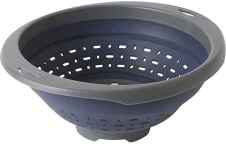 Oster Bluemarine 10-Inch Foldable Strainer – Collapsible Colander for Pasta, Vegetables, Fruits, Space-Saving Kitchen Tool, Blue/Grey Dishwasher Safe