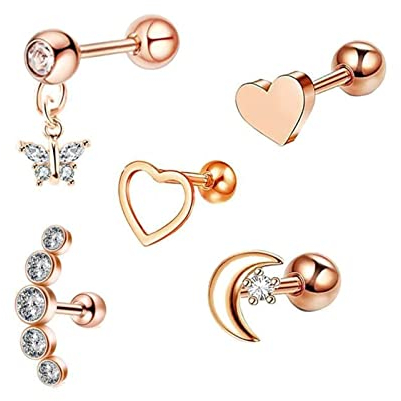 Aotiwe 5 Stück Septum Ring Kugel, Nasenstecker zum Biegen Herz Mond Schmetterling mit Zirkonia Roségold Set 24 Edelstahl 1.2mm