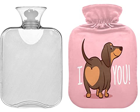ZZXXB I Love You Dackel Wärmflasche mit Fleece-Bezug, 1 Liter, PVC-Wärmbeutel für Nacken, Schulterschmerzen, Handfüße, Wärmekompresse und Kältetherapie