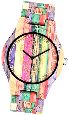MicLee Herren Damen Einfach Holzuhr Cooler Gulu-Kopf Farbenfrohes Naturholz Zifferblatt Holz Analog Quarzwerk Armbanduhr Für Frauen Männer Geschenke