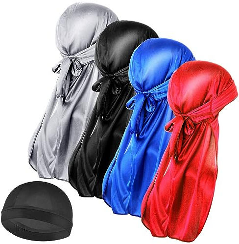 WLLHYF Durag - 4 gorros de seda Durag de cola larga transpirables con 1 gorra ondulada para 360 ondas, turbante suave para pérdida de cabello, gorro de quimioterapia, Gorra negra, azul, plateada, roja