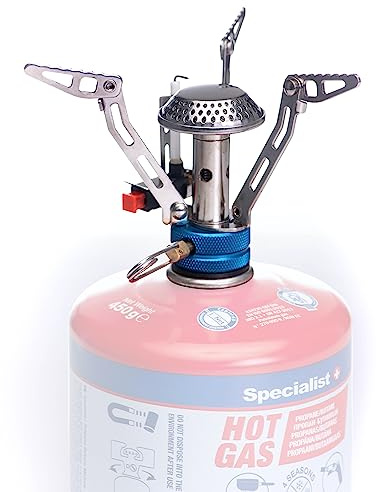 Specialist+ Stable Mini Réchaud de Camping au sol - Cuisinière à gaz Outdoor 7/16 - Cuisinière de camping avec allumage automatique et régulateur de flamme - en acier inoxydable - Puissance 4800 W