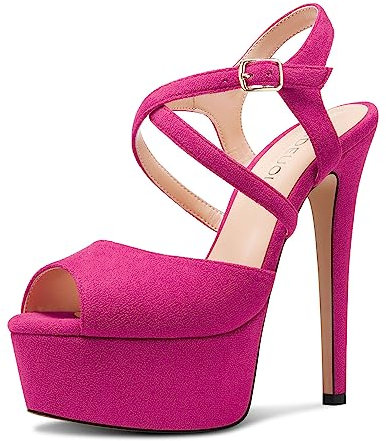HDEUOLM Mujer Aguja Alto High Plataforma Heel Abierta Punta Sandalias Correa Cruzada Baile Cute Verano 15 CM Heels Fucsia 38 EU