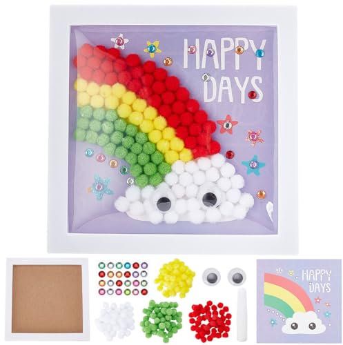 WEBEEDY Regenbogen Pom Pom Bastelset Regenbogen-Malerei Selbstklebende Wandkunst, Inklusive Buntem Pompon-Puffball, Malbrett, Pinzette Und Kleber Mit Anleitung