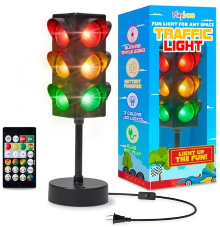 Playbees Mini Traffic Light Lamp with Base 11 inches Vibrant Decoration Working with Batteries or USB-C Traffic Light Blinking Modes Decoration for Bedrooms Stop Sign Room Decor