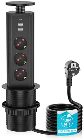Multipresa da tavolo, Airmom Retrattile 3 scomparti USB C 20W, presa retrattile per piano di lavoro della cucina,presa incasso top cucina,presa per cucina a scomparsa cavo 1,8m, nero