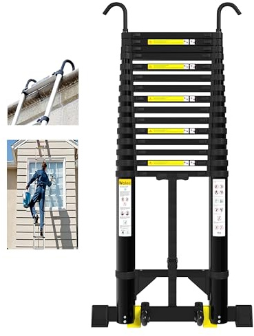 Wolec Telescoping Ladder, 19FT Aluminum Portable Extension Ladder w/Hooks, Stabilizers& Wheels, Heavy Duty 330lbs Max Capacity, Collapsible Telescopic Ladder for Rv, Roof, Attic, Outdoor -Black