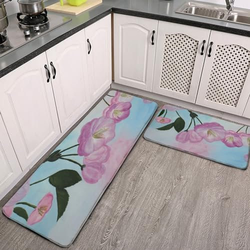 ducanll Vintage-Küchenteppich, 2 Stück, 120 x 43 cm, rosa Blumenmuster, Küchenhelfer, Anti-Ermüdungsmatten für Küchenboden, waschbarer Teppich, Badezimmerteppiche