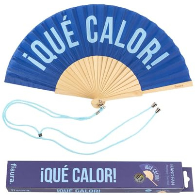 Fisura - Éventail original avec le message ¡Qué calor!. Éventail moderne en bois et amusant. Éventail bleu. Éventail avec cordon pour éventail. Dimensions : 42,5 x 23 cm.