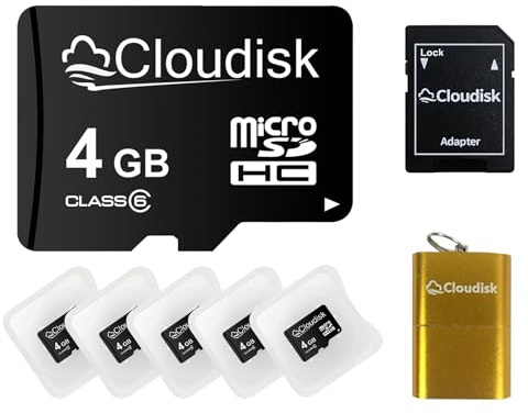 Cloudisk Pack of 5 Micro SD Card 4GB Flash Memory Card C6 Micro SDHC with SD Adapter, Card Reader
