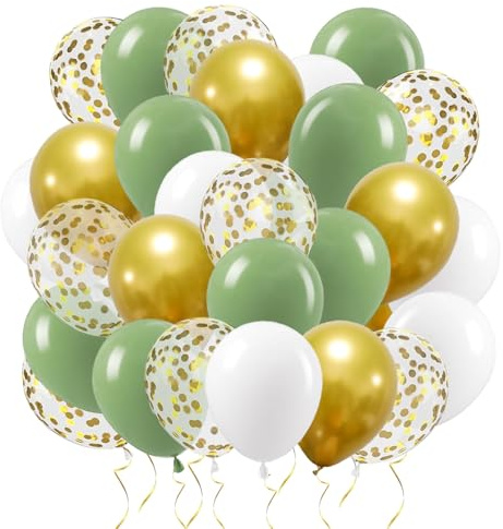 Luftballons Hochzeit,12 Zoll Olive Salbei Grün Gold Weiß Helium Latex LuftBallons,Ballons mit Gold Konfetti für Partys Dekoration-60 Stück