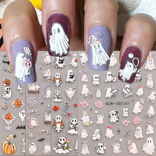 JMEOWIO 3D Nagelsticker HalloweenNail Art Sticker Selbstklebend Nagelaufkleber 5D Stereoskopisch Süßer Geist Dekoration Nageldesign Zubehör 4 Blatt