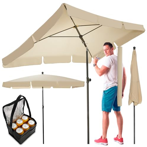 TOM höhenverstellbarer rechteckiger Sonnenschirm mit Schutzhülle für Balkon, Garten & Terrasse – kleiner 125 x 200 cm Gartenschirm in Anthrazit oder Beige – 45° knickbar – PLUS Geschenk (Beige)