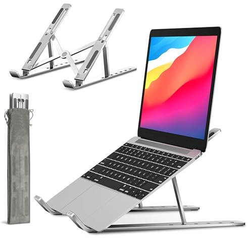 Adjustable Aluminum Laptop Stand Silver for Desk with Multiple Height Levels, Foldable and Portable Laptop Riser, Anti-Slip Silicone Pads, Universal Compatibility 10–17 Inches, Includes Carrying Pouch
