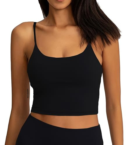 ATRACTIVOLL Dam Sports Linne, Basic Top Ärmlös, Andningsbart och Lätt för Gym Yoga Casual Short Linne med Spaghetti-remmar, svart, L