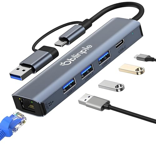 Oblinple 5 in 1 USB C Hub Ethernet 1000Mbps, Multiport USB Docking Station, Gigabit RJ45 LAN Network Adapter with 3 USB 3.0 & Type C Ports for MacBook Air Pro iPad Surface Linux Chromebook