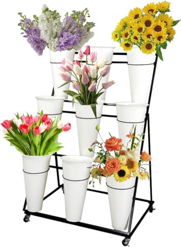Mixtric Blumenständer, 2/3/4-Lagiger, Beweglicher Pflanzenständer Aus Metall, Blumenwagen Aus Schmiedeeisen Mit Rädern, Für Terrasse, Garten, Wohnzimmer,3 Tier 9 White Bucket