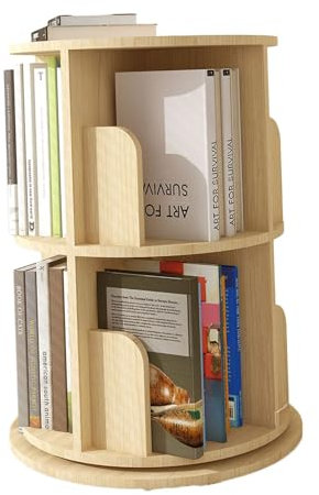 Um 360° drehbares Bücherregal, CD-Ständer mit 6 Ebenen, schmales Bücherregal-Organizer aus Holz, Regale mit offenem Design, einfache Montage für Wohnzimmer, Büro, Arbeitszimmer (eine Farbe, 2 Ebenen)