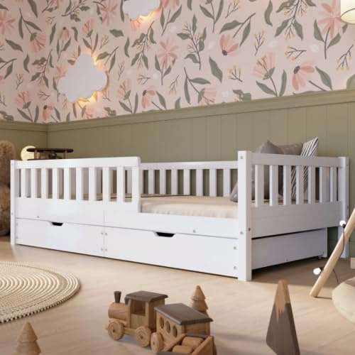 Crazy Pine Kinderbett mit Schublade 120x200cm – Massives Montessori Bodenbett aus Holz in Weiß mit Rausfallschutz – Sicheres Kleinkindbett – Skandinavisches Design Leichte Montage - Crazy Basic