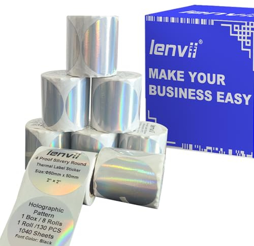 LENVII Argentate Rotonde 50 x 50mm (2 x 2) Etichette Termiche Olografiche 1040 Fogli - 8 Rotoli × 130,Resistenti a Strappi/Acqua/Olio/Graffi,Etichette Universali Multifunzione per Stampanti Termiche