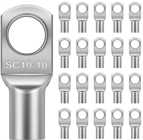 Flintronic 20PCS Tinned Copper Terminals Connectors, SC10-10 M10 Bolt Hole | Battery Cable Ends Lugs, Copper Wire Lugs, Crimp Tubular Ring Terminals Connector for Electric, Auto, Boat, Car