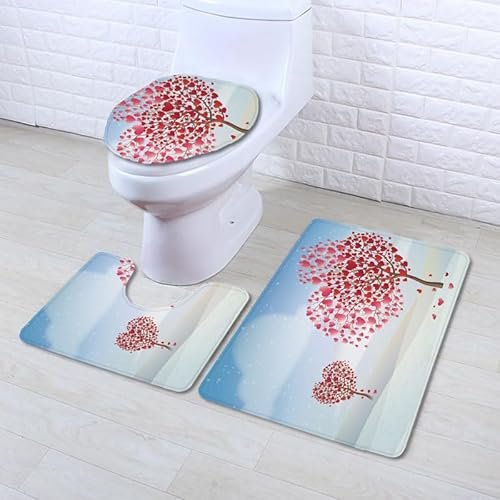 Badezimmerteppich Roter Herzbaum WC Vorleger mit Ausschnitt WC Deckelbezug 3 Teiliges WC Teppich rutschfeste Badgarnitur U förmiger Badematte Waschbar Bad Teppiche Set 45x75 cm