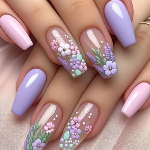 24 Stück Nägel Zum Aufkleben Mittel Sarg, Rosa Lila Blumen French Press on Nails, Akrylnägel Full Cover Künstliche Nägel, 3D Handgefertigte Fingernägel Fake Nails für Frauen Mädchen Nail Art