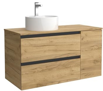 Cygnus Bath Mueble de Baño BEQUIA Plus Metal 90cm Roble | Lavabo sobre encimera Porcelana Lado Reversible 1P