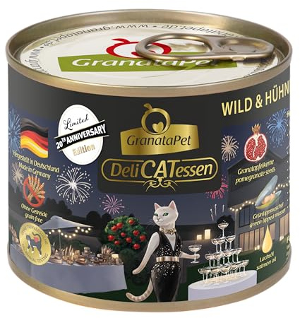 GranataPet Delicatesser Jubileumsutgåva vilt och kycklinghjärtan, våtfoder för katter, kattmat för gourmeter, foder utan spannmål och utan sockertillsatser, 6 x 200 g