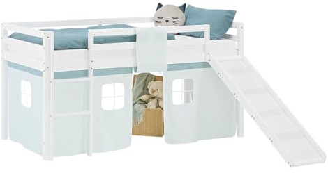 Homestyle4u Hochbett mit Rutsche Lattenrost 90x200 cm Weiß, Kinderbett aus Holz Kiefer, mit Vorhang Mintgrün | Artikel 2938